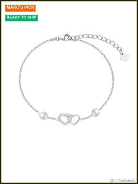 Sterling Silver Diamond Heart Bracelet Freshwater Pearl 0.11 Cttw Adjustable